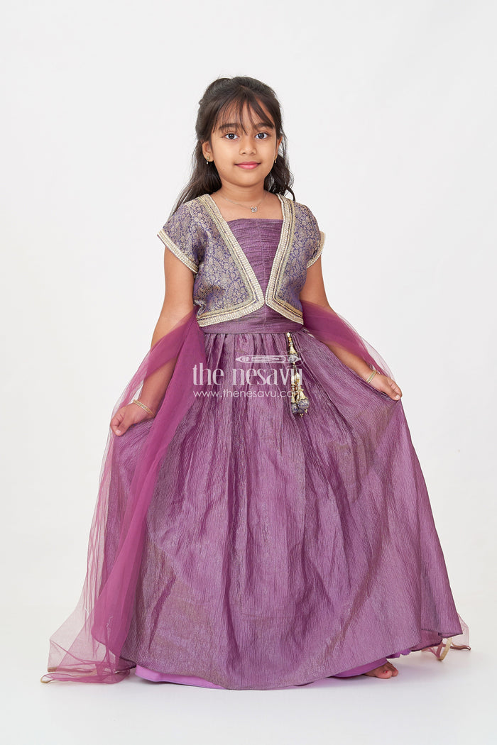The Nesavu Girls Lehenga Choli Girls Contemporary Lehenga in Crush Tissue with Embellished Banarasi Kora Yoke and Tassel Accents Nesavu Nesavu Contemporary Girls Lehenga Crush Tissue Embellished Banarasi Kora Yoke Dupatta