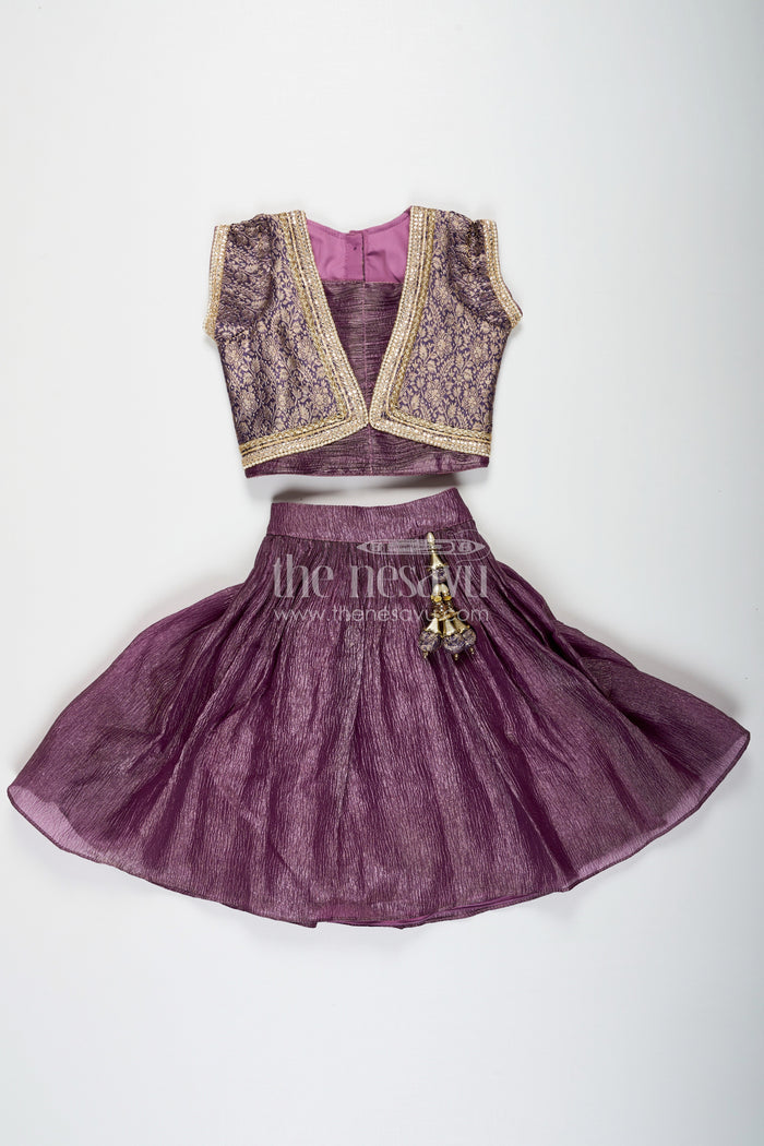 The Nesavu Girls Lehenga Choli Girls Contemporary Lehenga in Crush Tissue with Embellished Banarasi Kora Yoke and Tassel Accents Nesavu Nesavu Contemporary Girls Lehenga Crush Tissue Embellished Banarasi Kora Yoke Dupatta