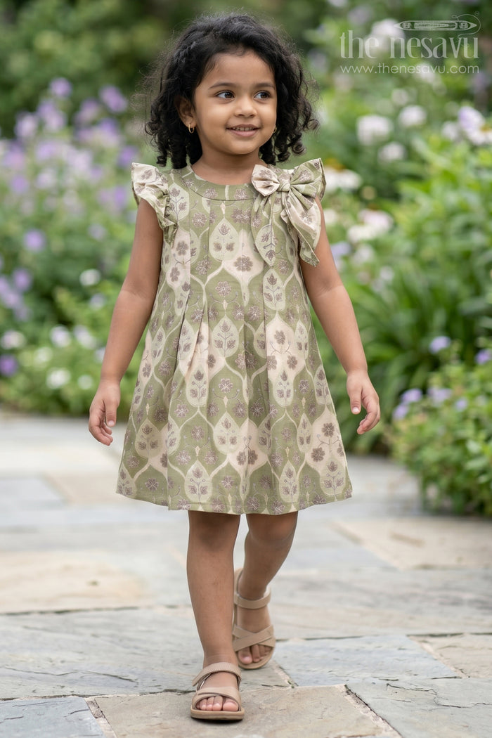 The Nesavu Girls Cotton Frock Girls Cotton Blend Dresses in Muslin Silk with Subtle Floral Print and Elegant Bow Nesavu 16 (1Y) / Green GFC1610A-16 Girls Cotton Blend Dresses Muslin Silk Subtle Floral Print Elegant Bow | The Nesavu