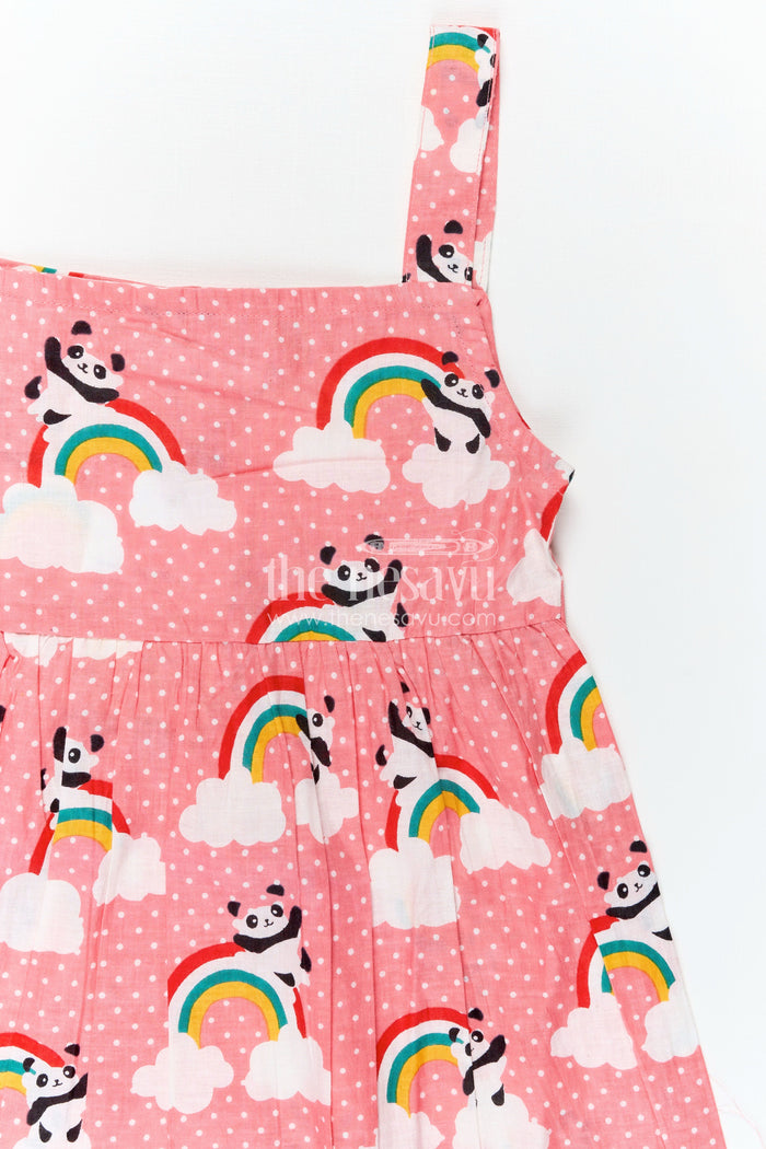 The Nesavu Girls Cotton Frock Girls Cotton Casual Frock for Girls in Pink with Rainbow Panda Print and Sleeveless Fit Nesavu Nesavu Pink Cotton Casual Frock Girls Rainbow Panda Print Sleeveless Design