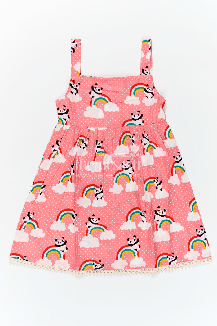 The Nesavu Girls Cotton Frock Girls Cotton Casual Frock for Girls in Pink with Rainbow Panda Print and Sleeveless Fit Nesavu Nesavu Pink Cotton Casual Frock Girls Rainbow Panda Print Sleeveless Design