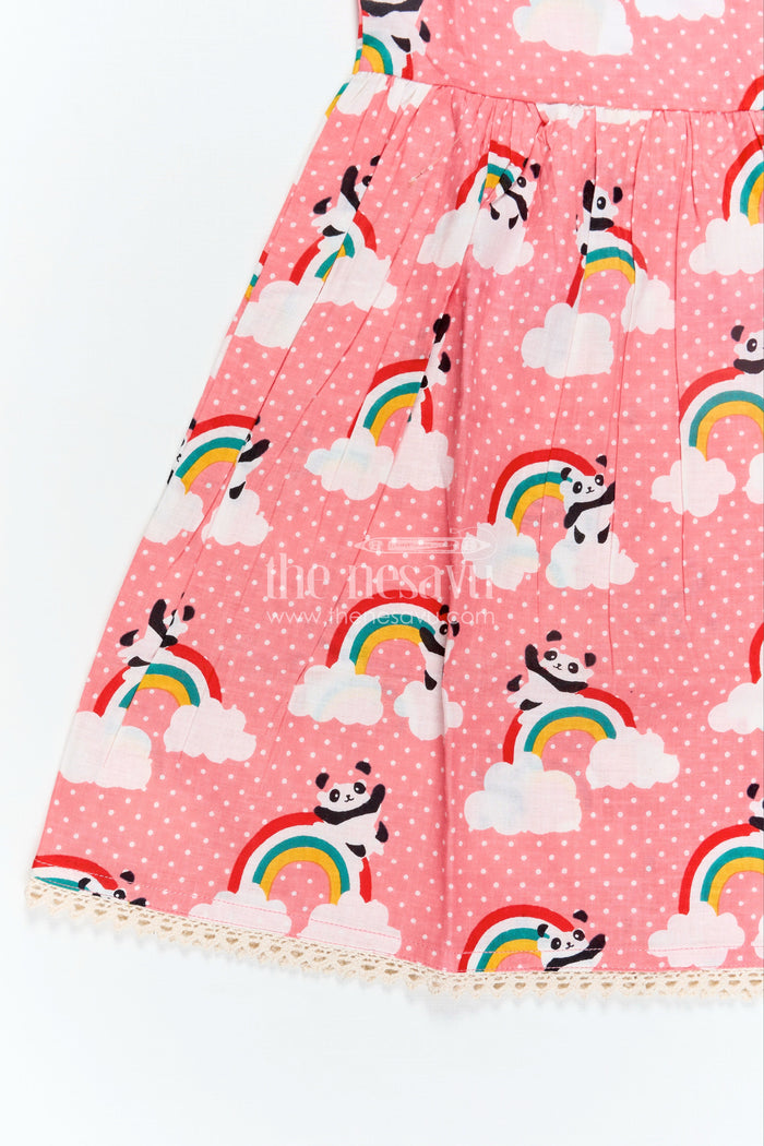 The Nesavu Girls Cotton Frock Girls Cotton Casual Frock for Girls in Pink with Rainbow Panda Print and Sleeveless Fit Nesavu Nesavu Pink Cotton Casual Frock Girls Rainbow Panda Print Sleeveless Design