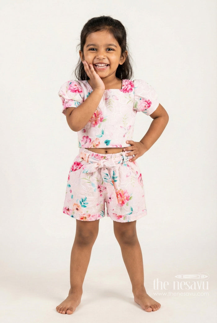 The Nesavu Girls Casual Set Girls Cotton Casual Set with Chikankari Embroidery for Summer Outings Nesavu 16 (1Y) / Pink GPS813A-16 Nesavu girls cotton casual set floral chikankari embroidery summer playdates