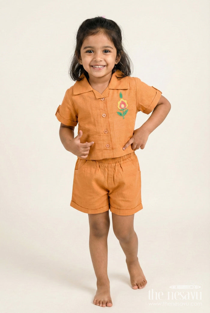 The Nesavu Girls Casual Set Girls Cotton Casual Set with Collared Top and Shorts for Everyday Wear Nesavu 18 (2Y) / Orange GPS799A-18 Nesavu girls cotton casual top shorts set comfy smart everyday outfit outings travel