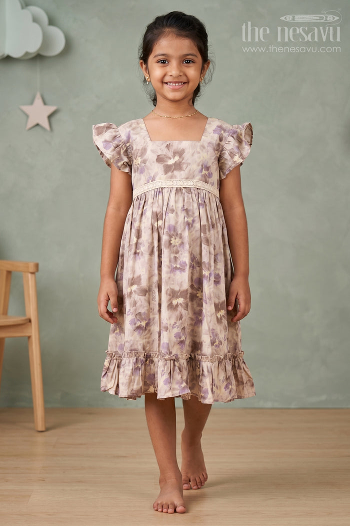 The Nesavu Girls Cotton Frock Girls Cotton Casual Summer Dress with Floral Prints and Ruffled Hem Nesavu 16 (1Y) / Gray GFC1579A-16 Girls Cotton Casual Summer Dress Floral Prints Ruffled Hem | The Nesavu
