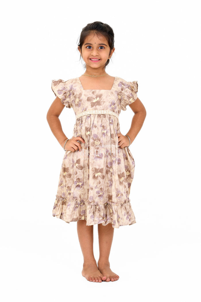 The Nesavu Girls Cotton Frock Girls Cotton Casual Summer Dress with Floral Prints and Ruffled Hem Nesavu 16 (1Y) / Gray GFC1579A-16 Nesavu Girls Cotton Casual Summer Dress Floral Prints Ruffled Hem