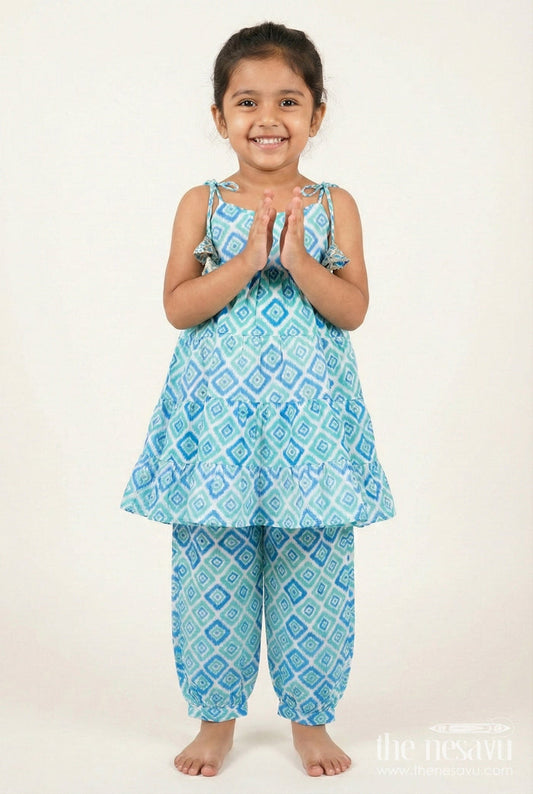 The Nesavu Girls Casual Set Girls Cotton Co-Ord Set with Blue Ikat Print for Everyday Wear Nesavu 24 (5Y) / Blue GPS711A-24 Nesavu Girls Cotton Casual Set Blue Ikat Print Halter Top Summer Fun