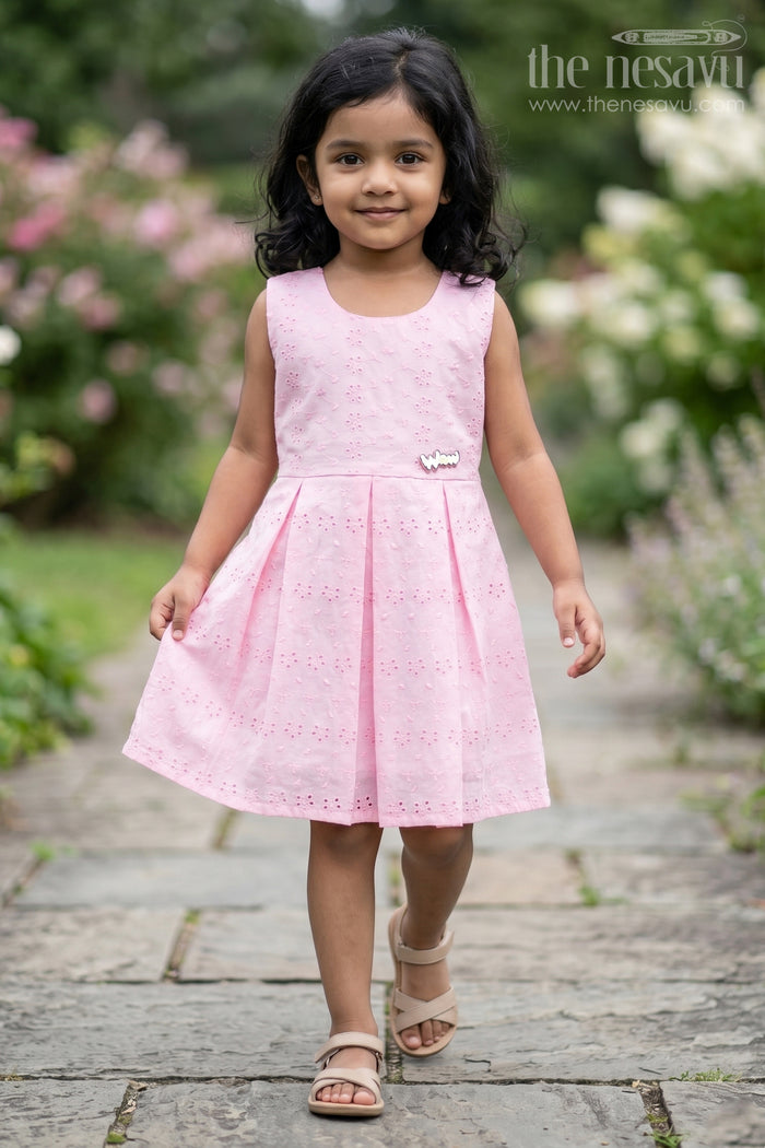 The Nesavu Girls Cotton Frock Girls Cotton Dress Short in Pink with Elegant Eyelet Detailing Nesavu 20 (3Y) / Pink GFC1569C-20 Girls Cotton Short Dress Pink Eyelet Embroidery | The Nesavu