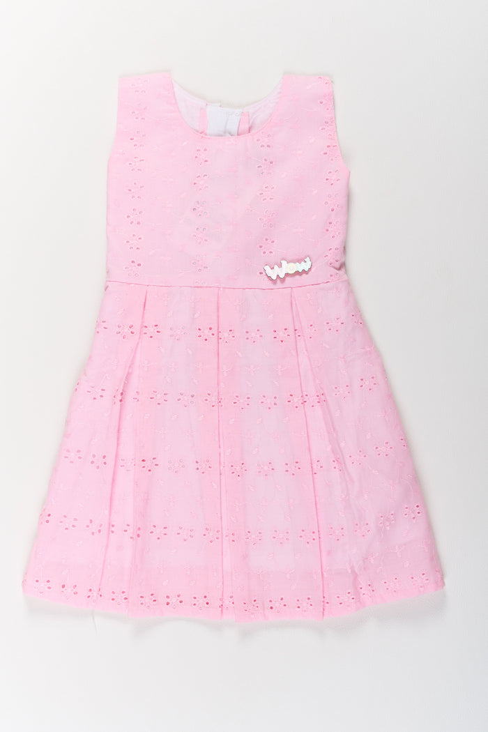 The Nesavu Girls Cotton Frock Girls Cotton Dress Short in Pink with Elegant Eyelet Detailing Nesavu 20 (3Y) / Pink GFC1569C-20 Girls Cotton Short Dress Pink Eyelet Embroidery | The Nesavu