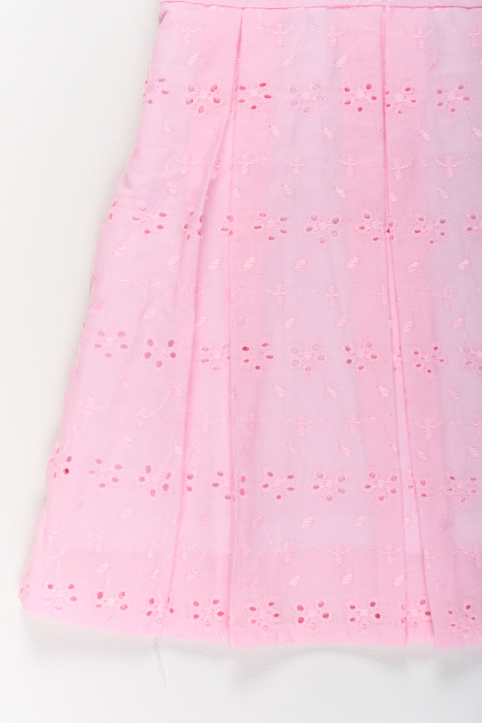 The Nesavu Girls Cotton Frock Girls Cotton Dress Short in Pink with Elegant Eyelet Detailing Nesavu Girls Cotton Short Dress Pink Eyelet Embroidery | The Nesavu