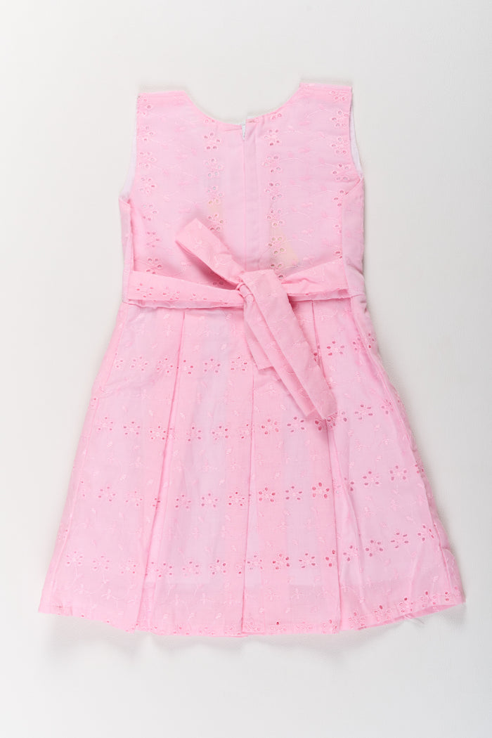 The Nesavu Girls Cotton Frock Girls Cotton Dress Short in Pink with Elegant Eyelet Detailing Nesavu Girls Cotton Short Dress Pink Eyelet Embroidery | The Nesavu