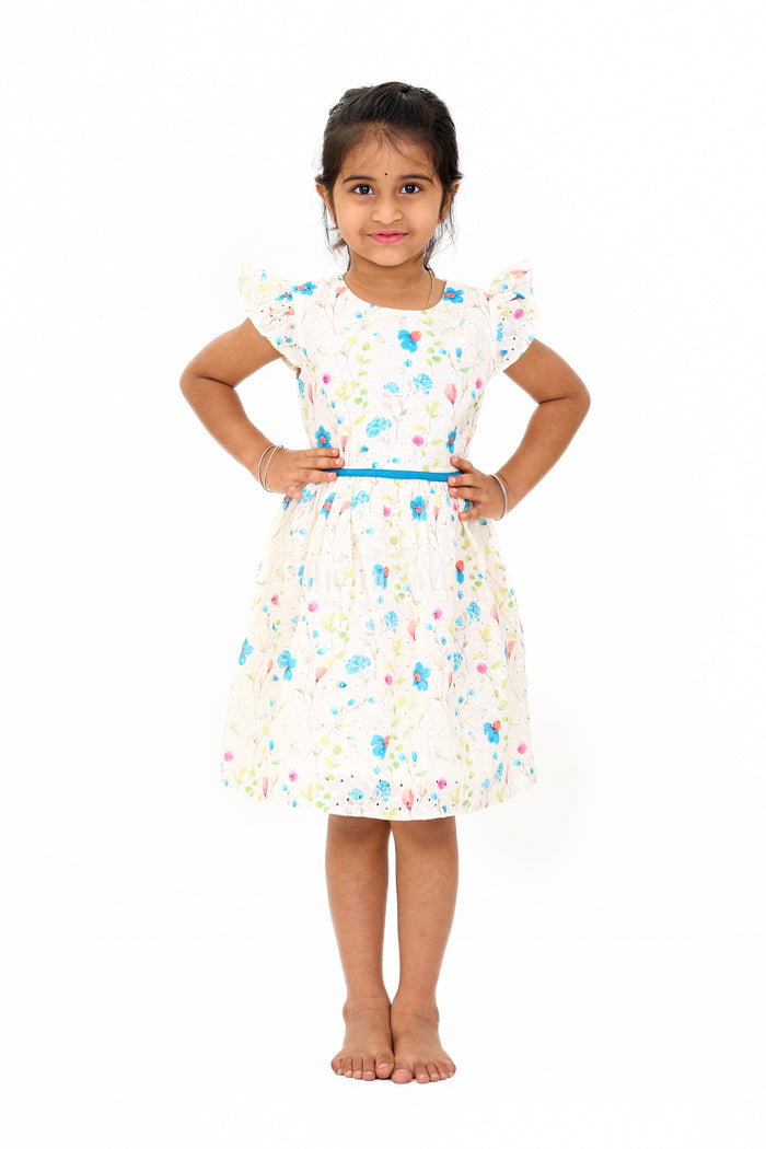 The Nesavu Girls Cotton Frock Girls Cotton Fancy Frock with Embroidered Floral Patterns and Flutter Sleeves Nesavu 20 (3Y) / White GFC1558A-20 Nesavu Girls Cotton Fancy Frock Floral Embroidery Flutter Sleeves Parties