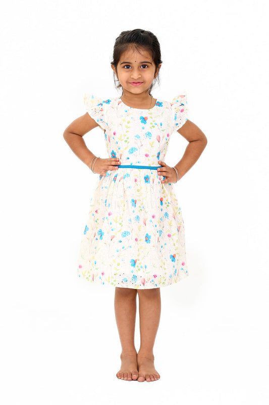 The Nesavu Girls Cotton Frock Girls Cotton Fancy Frock with Embroidered Floral Patterns and Flutter Sleeves Nesavu 20 (3Y) / White GFC1558A-20 Nesavu Girls Cotton Fancy Frock Floral Embroidery Flutter Sleeves Parties
