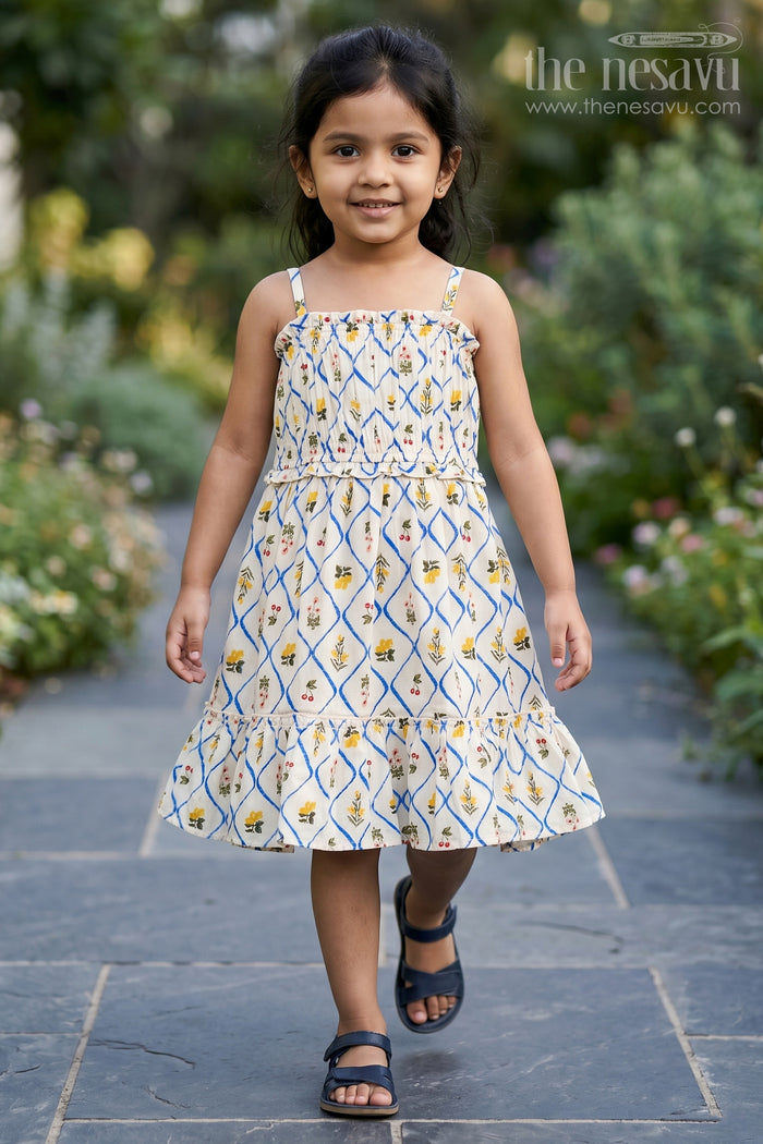 The Nesavu Girls Cotton Frock Girls Cotton Floral Frocks with Spaghetti Straps and Tiered Hem in Soft Digital Print for Summer Days Nesavu 16 (1Y) / Beige GFC1752A-16 Girls Cotton Floral Frocks Digital Print Tiered Hem Comfortable Summer Fashion | The Nesavu