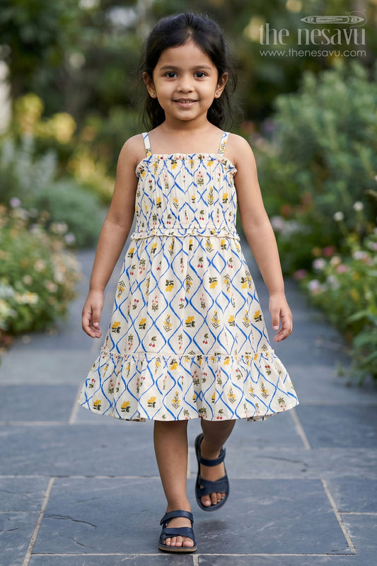 The Nesavu Girls Cotton Frock Girls Cotton Floral Frocks with Spaghetti Straps and Tiered Hem in Soft Digital Print for Summer Days Nesavu 16 (1Y) / Beige GFC1752A-16 Girls Cotton Floral Frocks Digital Print Tiered Hem Comfortable Summer Fashion | The Nesavu