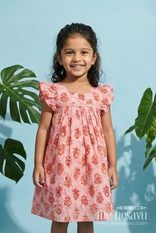 The Nesavu Girls Cotton Frock Girls Cotton Frock for Daily Wear in Peach with Golden Floral Hand Block Prints and Flutter Sleeves Nesavu 18 (2Y) / Pink GFC1761AB-18 Nesavu Peach Daily Wear Girls Cotton Frock Golden Floral Block Prints Flutter Sleeves