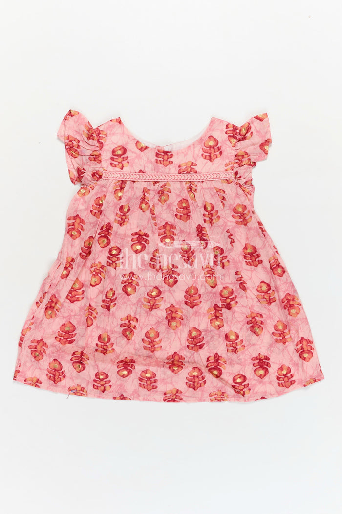The Nesavu Girls Fancy Frock Girls Frock Type One Piece in Pink Rayon with Leaf Motifs and Frilly Sleeves for Casual Chic Nesavu Nesavu Pink Rayon Frock Type One Piece Bold Leaf Digital Prints Ruffle Hem