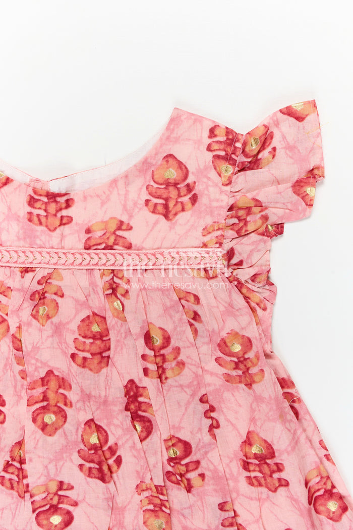 The Nesavu Girls Fancy Frock Girls Frock Type One Piece in Pink Rayon with Leaf Motifs and Frilly Sleeves for Casual Chic Nesavu Nesavu Pink Rayon Frock Type One Piece Bold Leaf Digital Prints Ruffle Hem