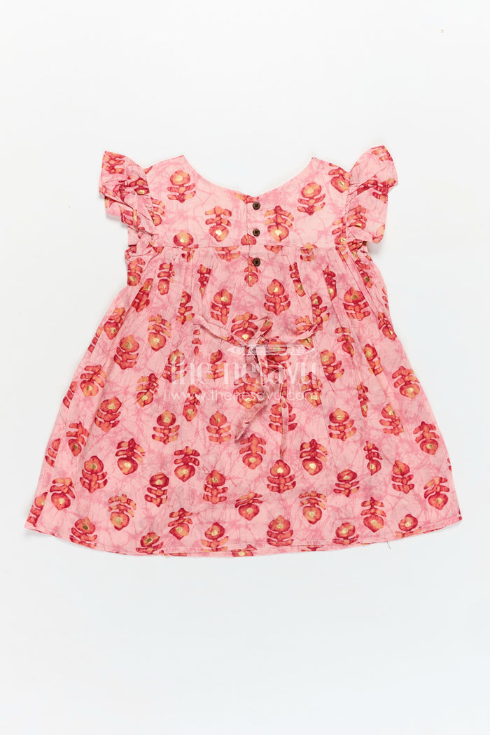 The Nesavu Girls Fancy Frock Girls Frock Type One Piece in Pink Rayon with Leaf Motifs and Frilly Sleeves for Casual Chic Nesavu Nesavu Pink Rayon Frock Type One Piece Bold Leaf Digital Prints Ruffle Hem