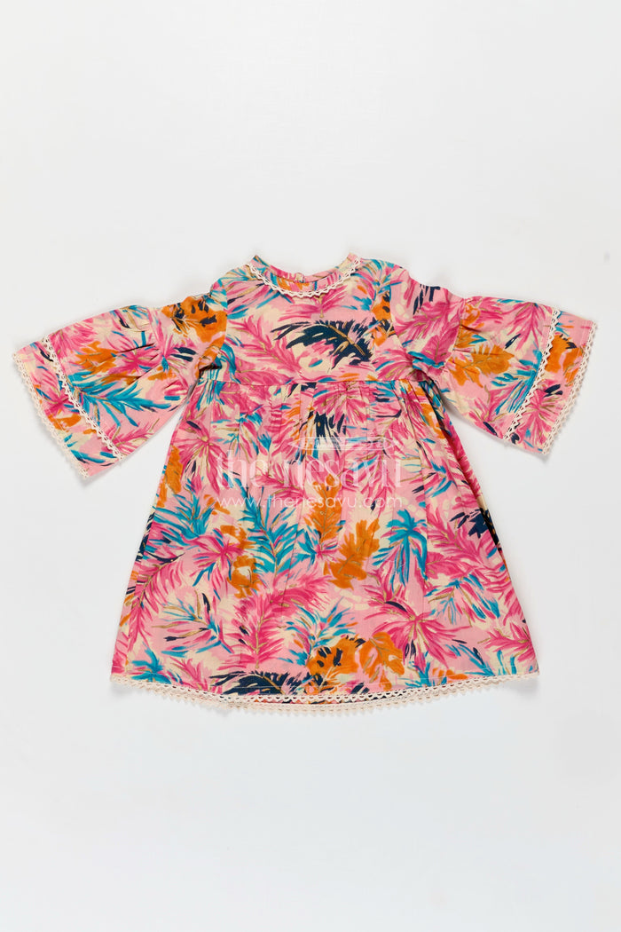 The Nesavu Girls Cotton Frock Girls Cotton Frock Girl with Flared Bell Sleeves and Vibrant Leaf Print in Multicolor Design Nesavu 16 (1Y) / Pink GFC1743A-16 Nesavu Cotton Frock Girl Flared Sleeves Multicolor Leaf Print Casual Everyday Style