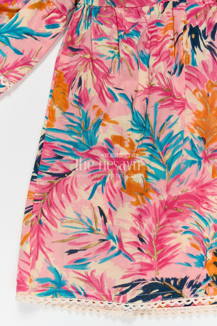 The Nesavu Girls Cotton Frock Girls Cotton Frock Girl with Flared Bell Sleeves and Vibrant Leaf Print in Multicolor Design Nesavu Nesavu Cotton Frock Girl Flared Sleeves Multicolor Leaf Print Casual Everyday Style