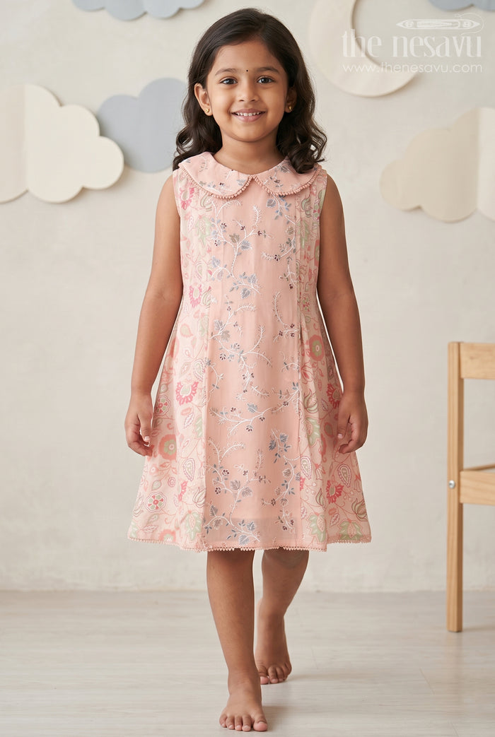 The Nesavu Girls Cotton Frock Girls Cotton Frock Simple Style with Peach Digital Prints and Thread Embroidered Front Nesavu 22 (4Y) / Pink GFC1717A-22 Girls Cotton Frock Simple Peach Floral Design with Thread and Sequin Embroidery | The Nesavu