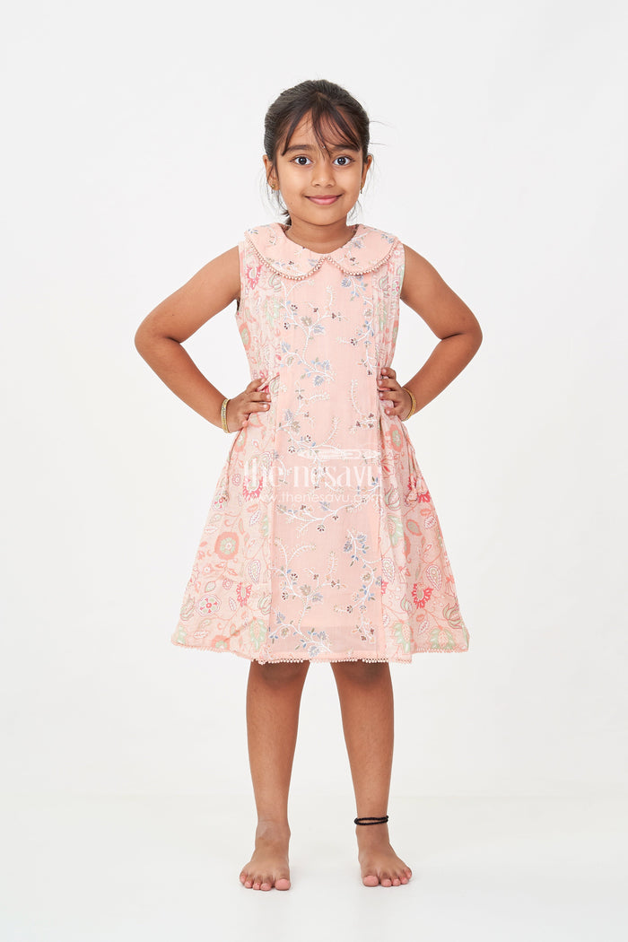 The Nesavu Girls Cotton Frock Girls Cotton Frock Simple Style with Peach Digital Prints and Thread Embroidered Front Nesavu Nesavu Girls Cotton Frock Simple Peach Floral Design with Thread and Sequin Embroidery
