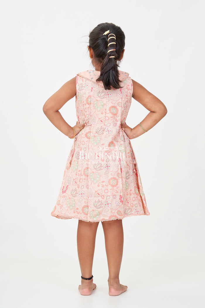 The Nesavu Girls Cotton Frock Girls Cotton Frock Simple Style with Peach Digital Prints and Thread Embroidered Front Nesavu Nesavu Girls Cotton Frock Simple Peach Floral Design with Thread and Sequin Embroidery