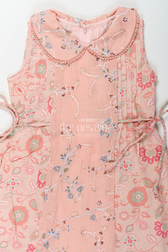 The Nesavu Girls Cotton Frock Girls Cotton Frock Simple Style with Peach Digital Prints and Thread Embroidered Front Nesavu Nesavu Girls Cotton Frock Simple Peach Floral Design with Thread and Sequin Embroidery