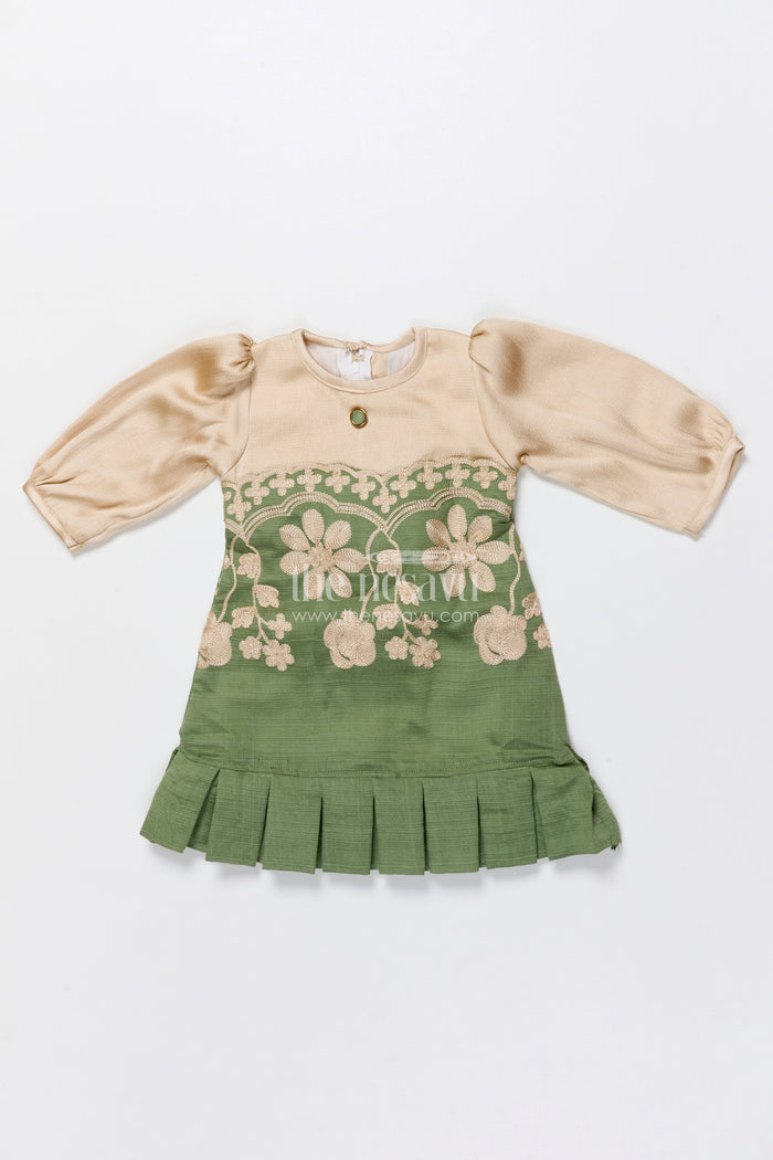 The Nesavu Girls Cotton Frock Girls Cotton Frock with Embroidery for Ethnic Celebrations Nesavu 16 (1Y) / Green GFC1866B-16 Nesavu girls embroidered cotton frock full sleeves festive ethnic wear