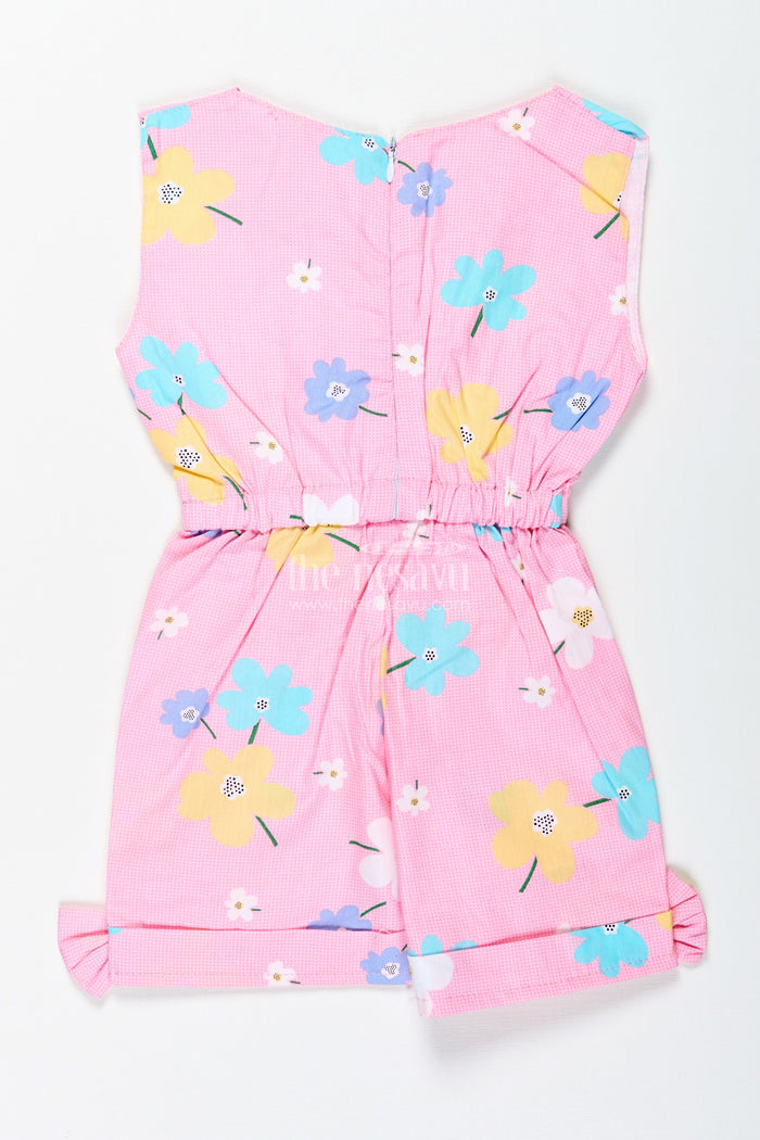 The Nesavu Girls Jumpsuit Girls Cotton Jumpsuit with Floral Prints and Bow Headband for Summer Playdates Nesavu Nesavu Girls Floral Cotton Jumpsuit Headband Playful Pink Summer Outfit Toddlers