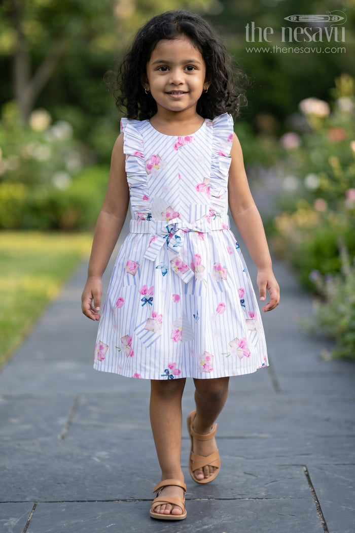 The Nesavu Girls Cotton Frock Girls Cotton Knee Length Frock with Striped Floral Print and Decorative Front Ruffles Nesavu 20 (3Y) / Blue GFC1658A-20 Girls Cotton Frock Floral Stripes Ruffle Detail Knee Length Style | The Nesavu