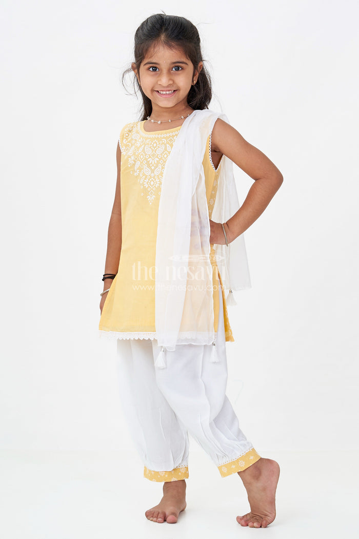 The Nesavu Girls Churidar Sets Girls Cotton Latest Chudi Set in Yellow with Stone Embellishment and Contrasting Dhoti Bottoms Nesavu 16 (1Y) / Yellow GPS613C-16 Girls Yellow Cotton Chudi Set Embroidered Top White Dhoti Pants Ethnic Look | The Nesavu