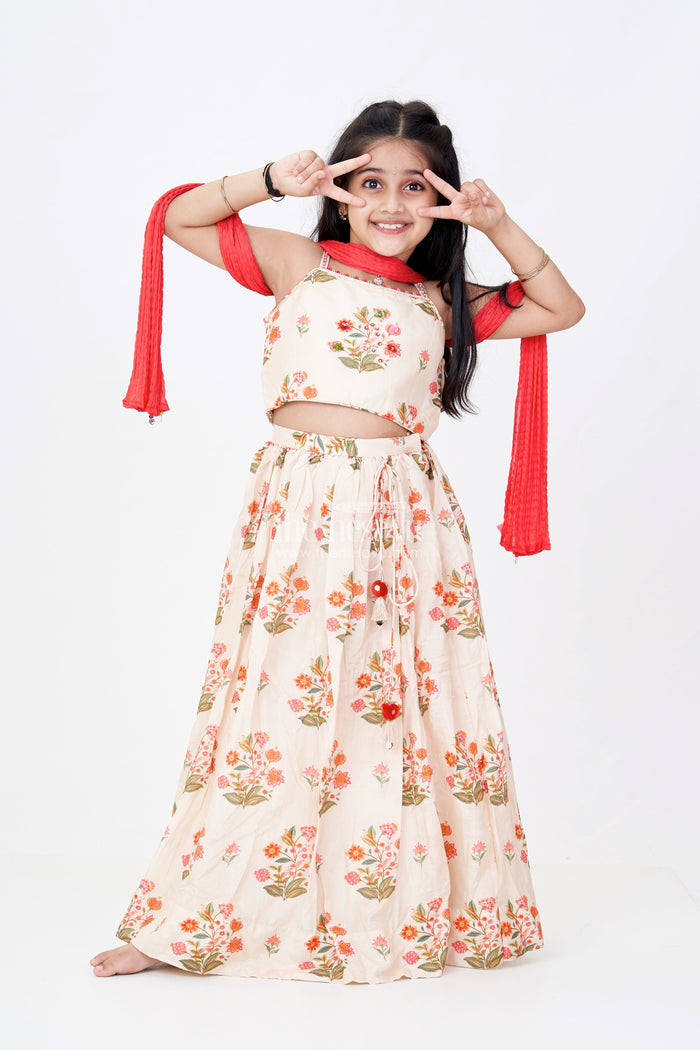 The Nesavu Girls Lehenga Choli Girls Cotton Lehenga Choli with Dupatta in Viscose Silk and Floral Mirror Embroidery Detailing Nesavu 16 (1Y) / Cream GL615A-16 Nesavu Girls Cotton Lehenga Choli Dupatta Viscose Silk Mirror Work Floral Print
