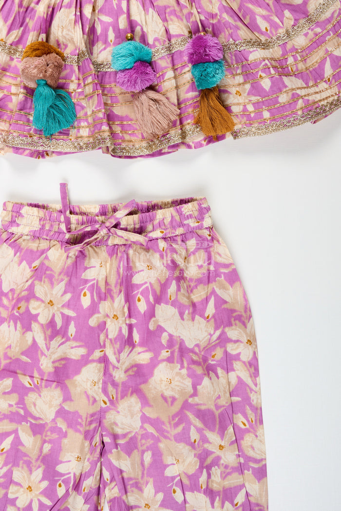 The Nesavu Girls cotton sharara set with floral block print for festive wear Nesavu Nesavu girls cotton sharara set floral block print tassels  festive outfit pujas celebrations