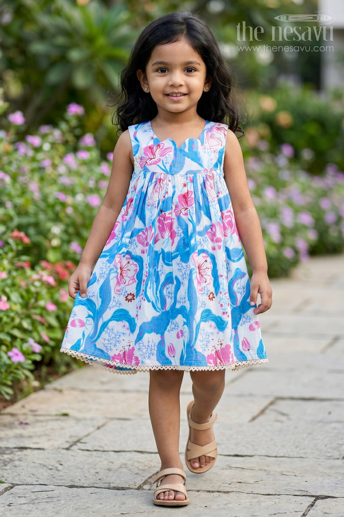 The Nesavu Girls Cotton Frock Girls Cotton Simple Design Of Frock with Blue and Pink Floral Digital Print and Classic Sleeveless Fit Nesavu 16 (1Y) / Blue GFC1751A-16 Girls Cotton Simple Design Frock Blue Pink Floral Digital Print Everyday Elegance | The Nesavu