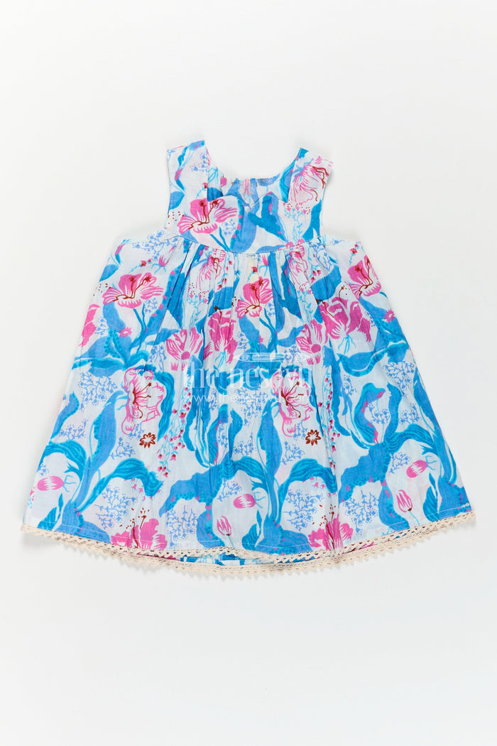 The Nesavu Girls Cotton Frock Girls Cotton Simple Design Of Frock with Blue and Pink Floral Digital Print and Classic Sleeveless Fit Nesavu Girls Cotton Simple Design Frock Blue Pink Floral Digital Print Everyday Elegance | The Nesavu