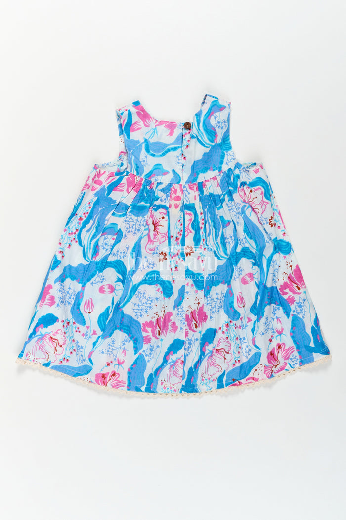 The Nesavu Girls Cotton Frock Girls Cotton Simple Design Of Frock with Blue and Pink Floral Digital Print and Classic Sleeveless Fit Nesavu Girls Cotton Simple Design Frock Blue Pink Floral Digital Print Everyday Elegance | The Nesavu