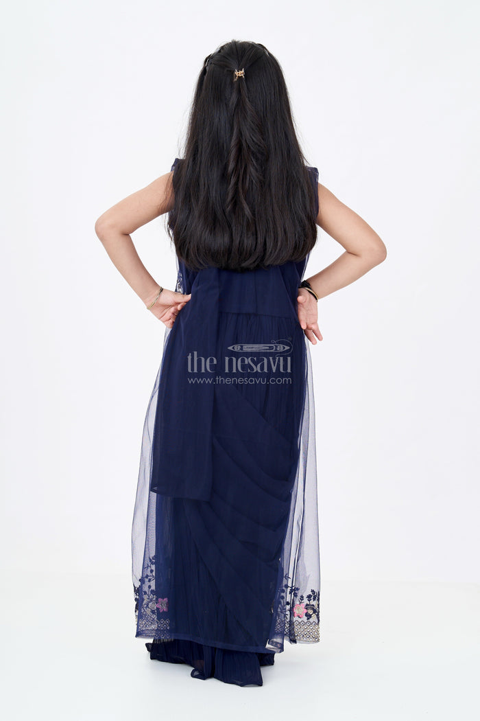 The Nesavu Girls Sharara / Plazo Set Girls Cotton Suit Piece with Cotton Dupatta in Navy Georgette and Embroidered Velvet Bodice Nesavu Nesavu Cotton Suit Piece Cotton Dupatta Embroidered Bodice Navy Blue Georgette Palazzo Set