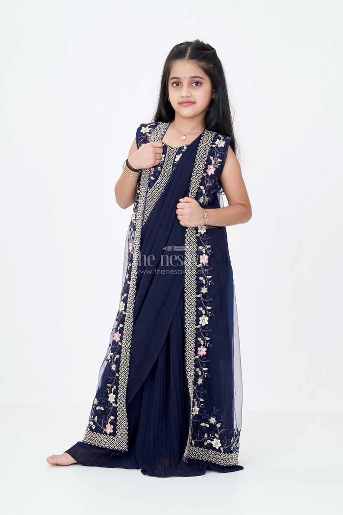 The Nesavu Girls Sharara / Plazo Set Girls Cotton Suit Piece with Cotton Dupatta in Navy Georgette and Embroidered Velvet Bodice Nesavu 24 (5Y) / Blue GPS558A-24 Cotton Suit Piece Cotton Dupatta Embroidered Bodice Navy Blue Georgette Palazzo Set | The Nesavu