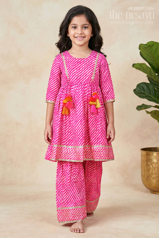 The Nesavu Girls Sharara / Plazo Set Girls Cotton Tie-Dye Sharara Set for Festive Celebrations Nesavu 16 (1Y) / Pink GPS836A-16 Nesavu girls cotton tie-dye sharara set tassels  perfect festive outfit birthdays Navratri