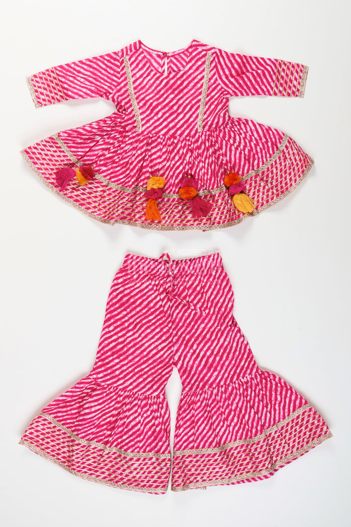 The Nesavu Girls Sharara / Plazo Set Girls cotton tie-dye sharara set for festive celebrations Nesavu 16 (1Y) / Pink GPS836A-16 Nesavu girls cotton tie-dye sharara set tassels  perfect festive outfit birthdays Navratri