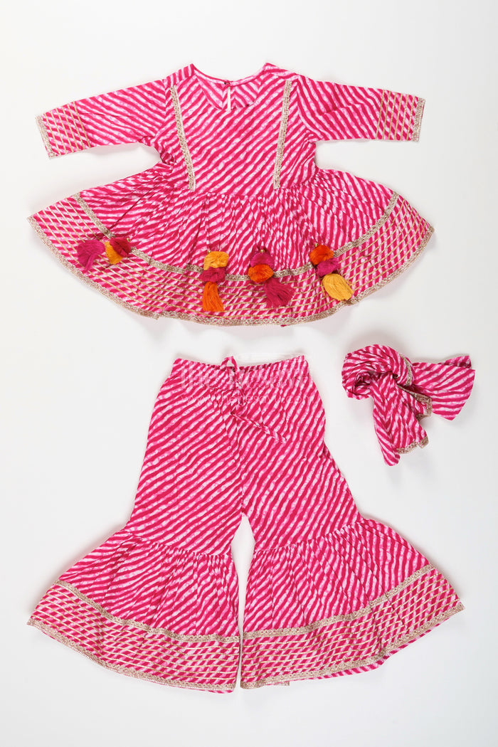 The Nesavu Girls Sharara / Plazo Set Girls cotton tie-dye sharara set for festive celebrations Nesavu Nesavu girls cotton tie-dye sharara set tassels  perfect festive outfit birthdays Navratri