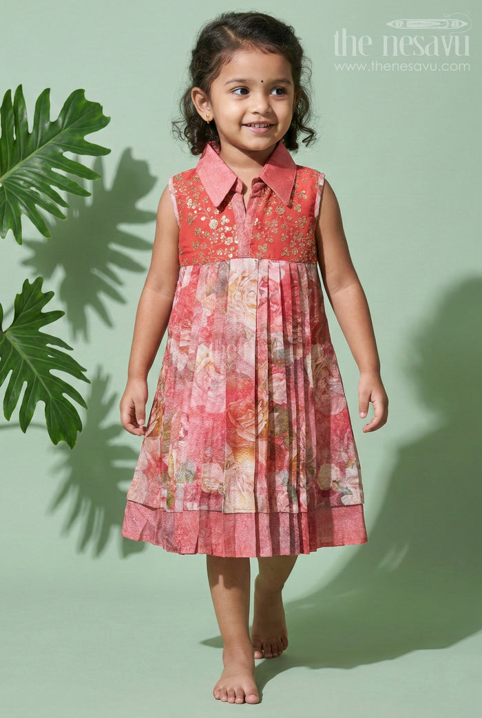 The Nesavu Girls Cotton Frock Girls Cotton Tissue Frock in Red with Frill Sleeves and Elegant Floral Print for Frill Frock Design Look Nesavu 22 (4Y) / Red GFC1437A-22 Nesavu Girls Red Cotton Tissue Frock Frill Sleeves Floral Print frill frock design