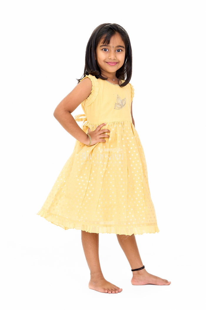 The Nesavu Girls Chanderi Frock Girls Cotton Umbrella Frock in Chanderi Fabric with Elegant Floral Embroidery and Ruffled Sleeves Nesavu Nesavu Girls Cotton Umbrella Frock Chanderi Fabric Floral Embroidery Ruffled Sleeves