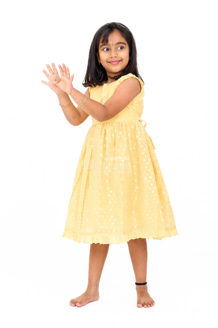 The Nesavu Girls Chanderi Frock Girls Cotton Umbrella Frock in Chanderi Fabric with Elegant Floral Embroidery and Ruffled Sleeves Nesavu Nesavu Girls Cotton Umbrella Frock Chanderi Fabric Floral Embroidery Ruffled Sleeves