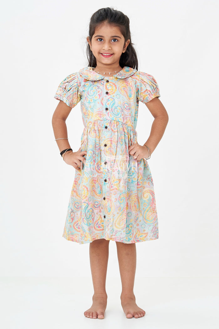 The Nesavu Girls Cotton Frock Girls Cotton Wear Dress with Vibrant Paisley Digital Prints and Pleated Waist for Casual Comfort Nesavu Girls Cotton Wear Dress Vibrant Paisley Digital Prints Ruffled Collar Design | The Nesavu
