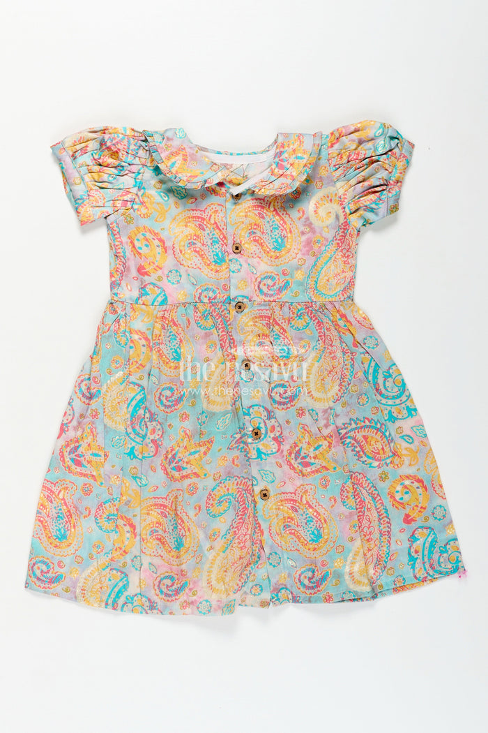 The Nesavu Girls Cotton Frock Girls Cotton Wear Dress with Vibrant Paisley Digital Prints and Pleated Waist for Casual Comfort Nesavu Girls Cotton Wear Dress Vibrant Paisley Digital Prints Ruffled Collar Design | The Nesavu