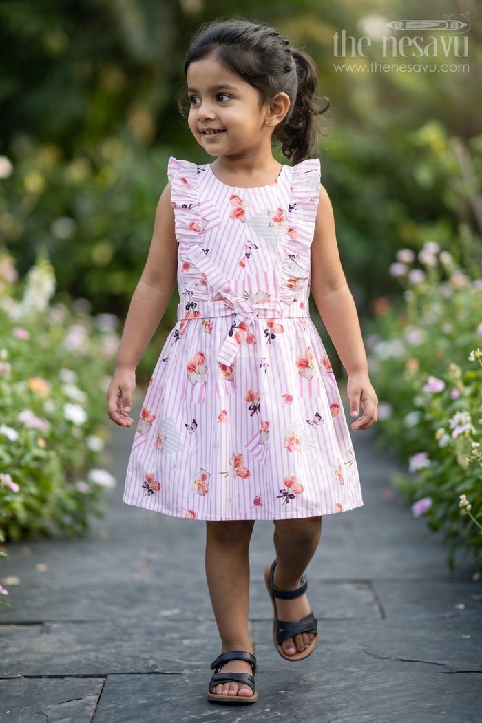 The Nesavu Girls Cotton Frock Girls Cotton White Frill Frock with Pink Stripes and Vibrant Floral Accents Nesavu 20 (3Y) / Pink GFC1658B-20 Girls Cotton White Frill Frock Pink Stripes Soft Floral Prints | The Nesavu