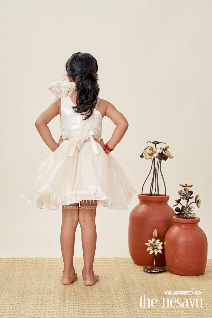 The Nesavu Girls Fancy Party Frock Girls Cream Organza Frock New Model Design with Sequin Work and Floral Appliqué Accents Nesavu Nesavu Girls Cream Glaze Organza Dress Sequin Flower Detail frock new model design
